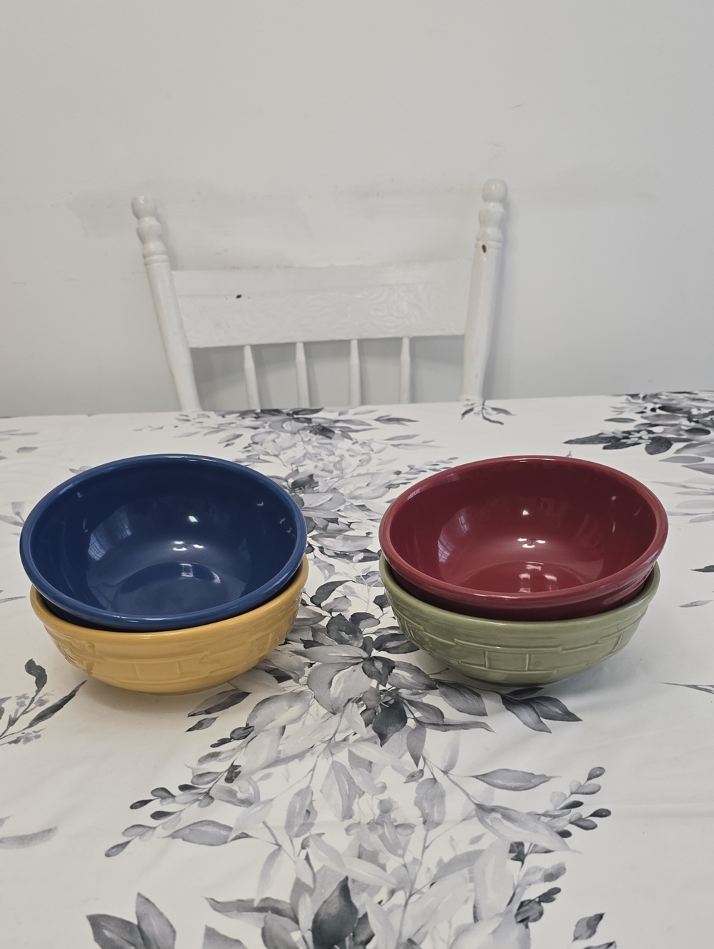 Longaberger Pottery Set Of 4 Cereal Bowls Blue Yellow Green Paprika Basketweave